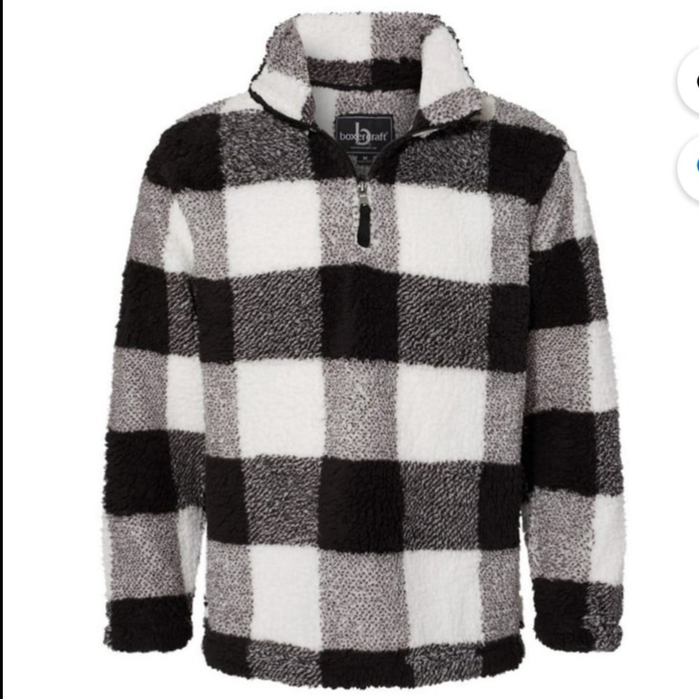Boxercraft Sherpa black and white checkered long sleeve 1/4 zip pullover.